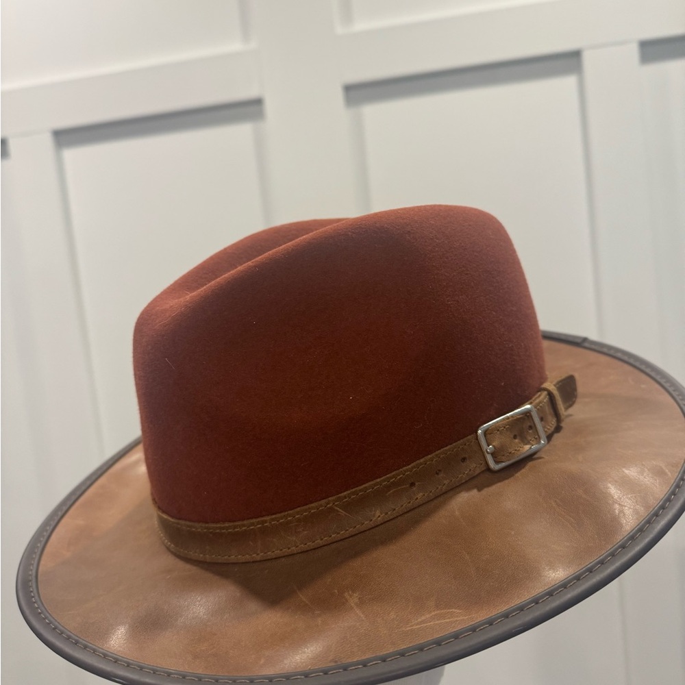Rust Felt Fedora Hat with Leather Brim and Buckle